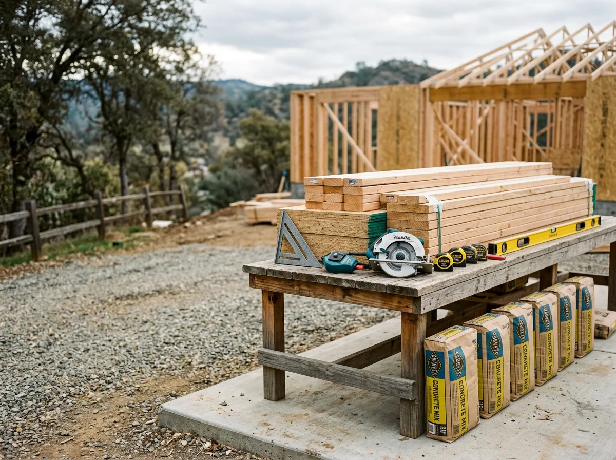 Construction tools and materials on a job site, ready for concrete, framing, or carpentry work.