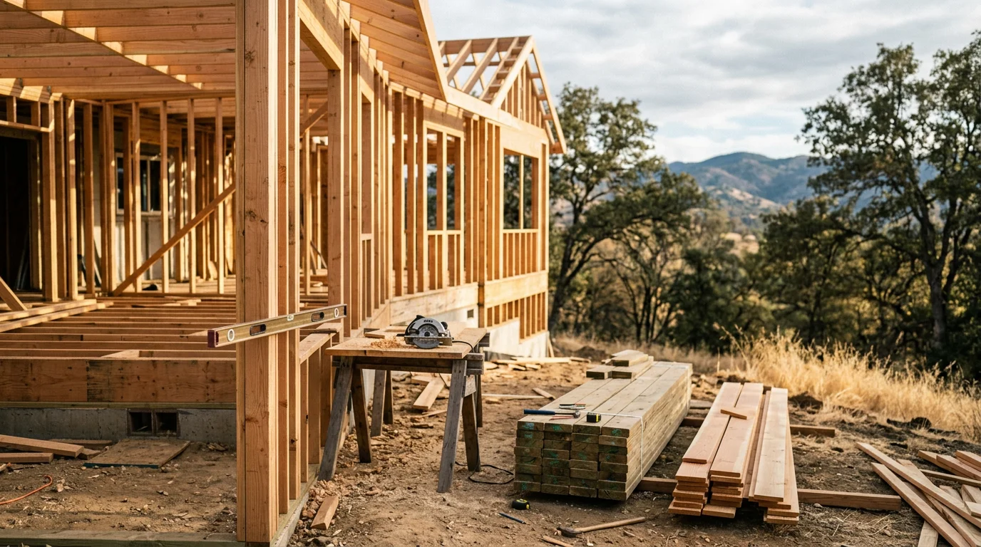 Carpenter framing a new addition to a home in Mountain Ranch