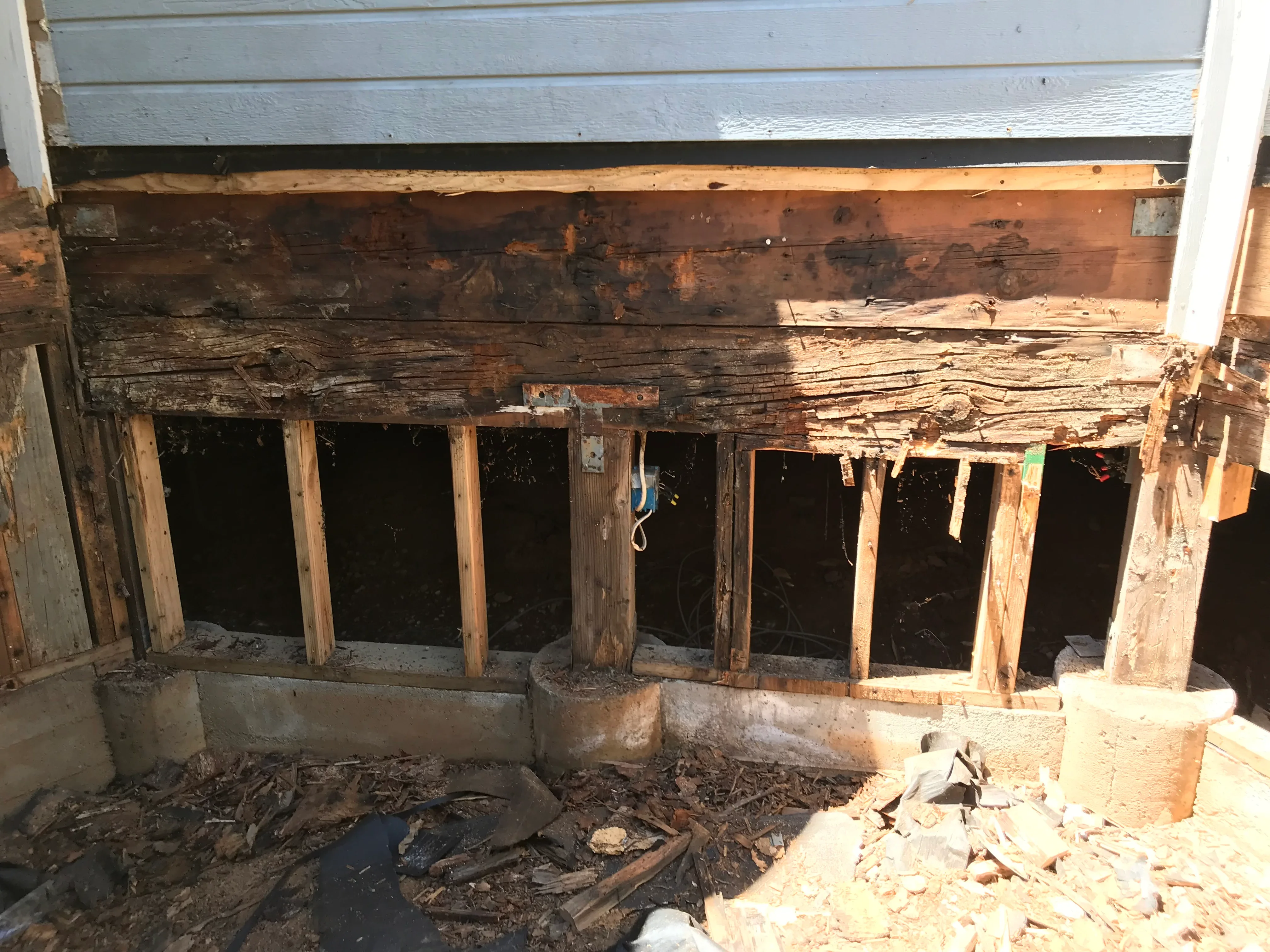 Exposed wooden framing with rot damage, removed flooring, and new pressure-treated lumber replacement during water damage restoration