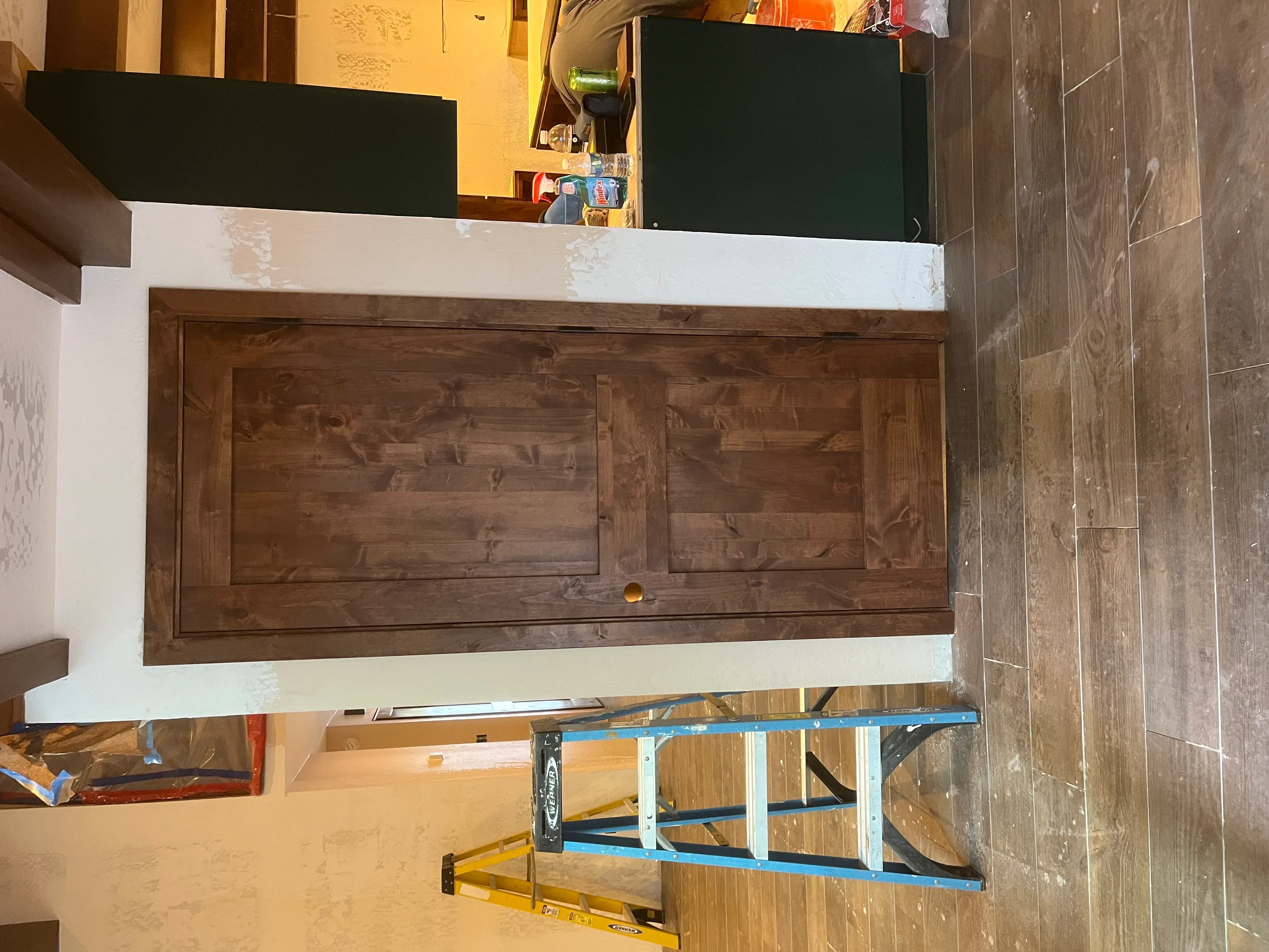Dark stained wood two-door cabinet with raised panels in white painted frame opening