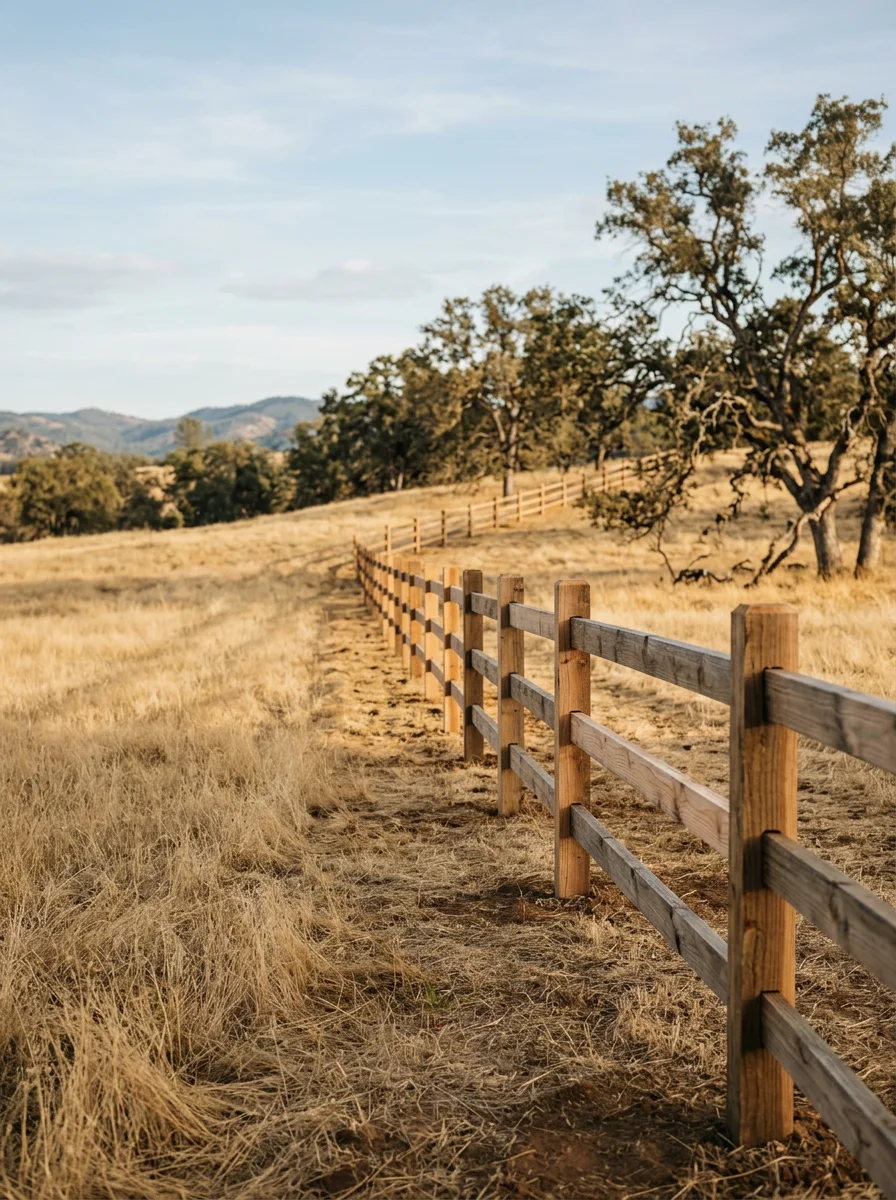 Newly installed wood fence on a semi-rural parcel outside Angels Camp, CA, with open grassland and foothill oaks in the background.
