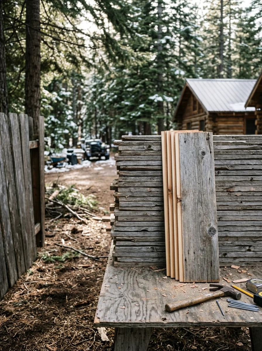Close-up of a contractor replacing rotted siding boards on a Sierra Nevada foothill home in Arnold, CA, with snow-dusted pines visible in the background.