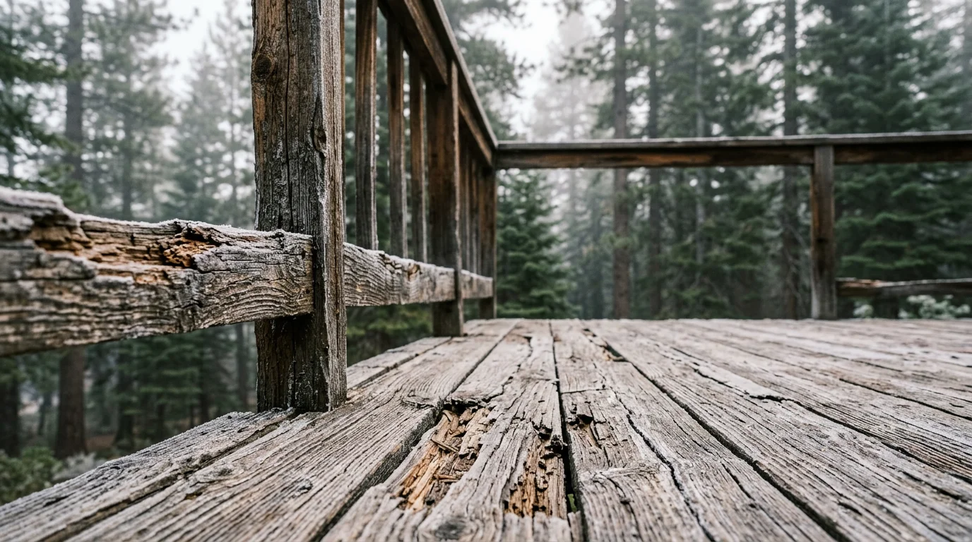 Weathered wood deck on a mountain cabin in Arnold, CA surrounded by pine trees, showing frost damage and dry rot on the deck boards and railing posts.