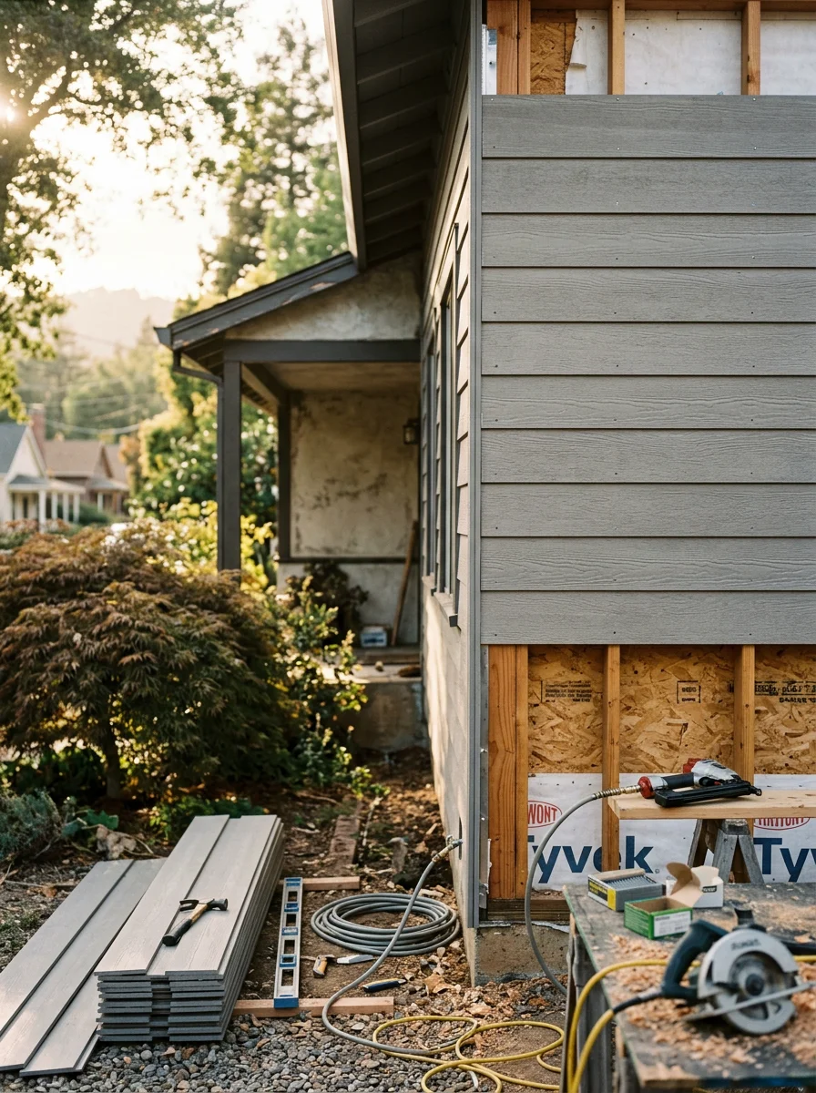 New fiber-cement siding being installed on a mid-century home in Jackson, CA, with fresh framing visible where rotted sheathing was removed.