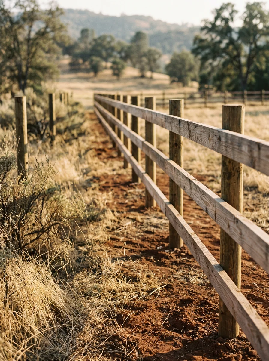 New wood post-and-rail fence installed along the property line of a rural Mountain Ranch, CA parcel, with clay soil and dry grass in the foreground.