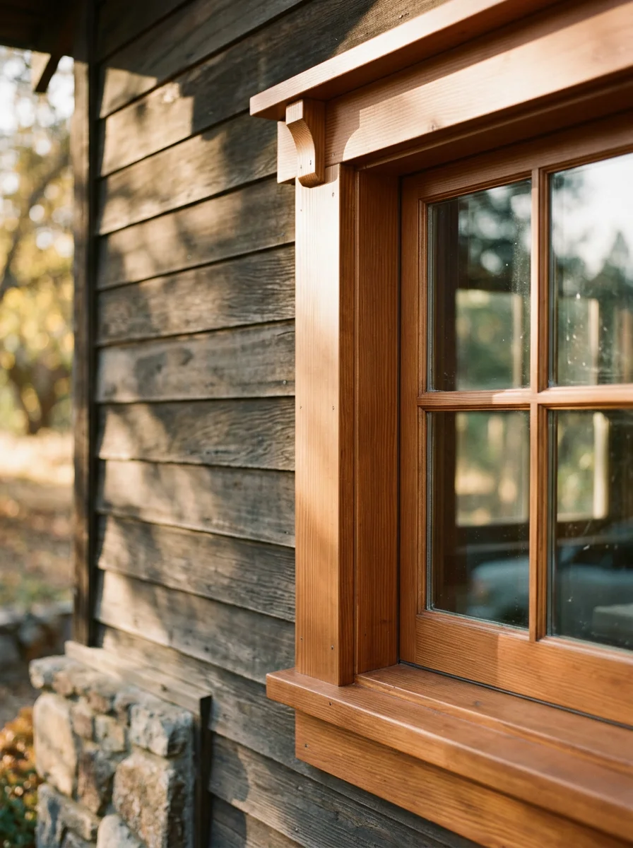 Close-up of finish carpentry work on a window casing of an older wood-frame home in Murphys, CA, showing new trim installed over repaired framing.