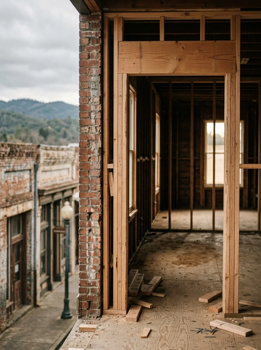 New exterior door installation on a vintage home near downtown San Andreas, CA, showing fresh framing around the rough opening with the historic streetscape behind.