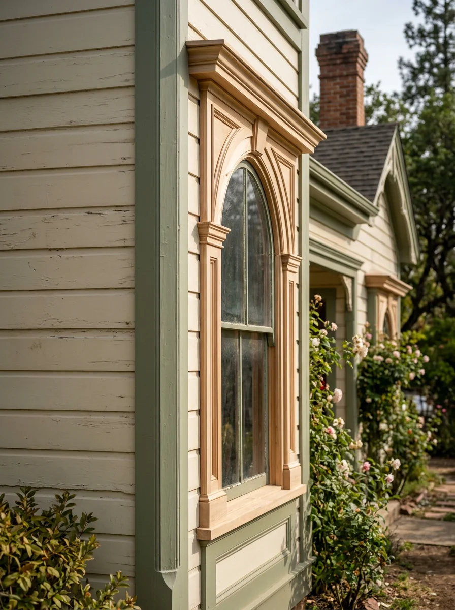 Finish carpentry work on decorative window trim of a Carpenter Gothic home in Sutter Creek, CA, showing new wood casing installed over repaired framing.