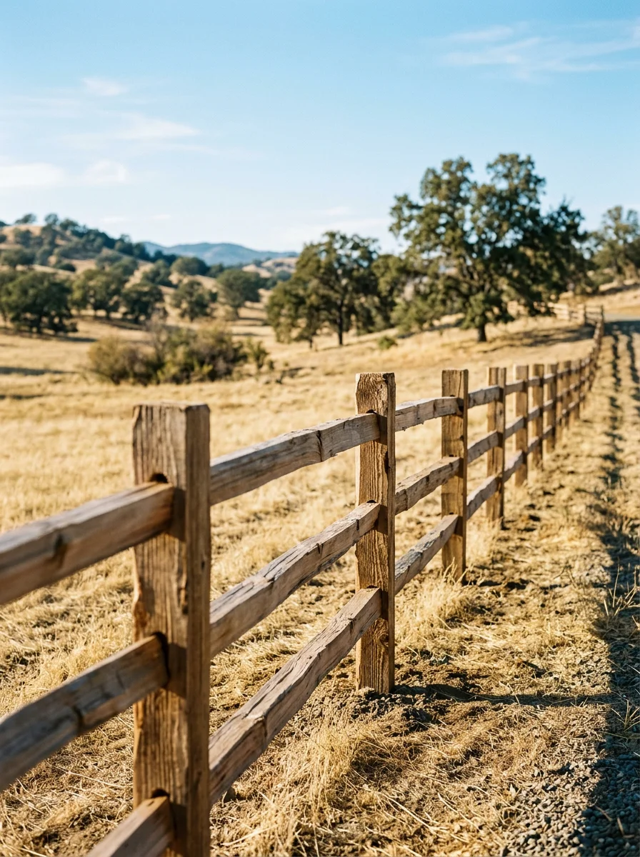 New wood fence installed along the boundary of a multi-acre rural parcel near Valley Springs, CA, with open pasture and oak trees visible across the property.