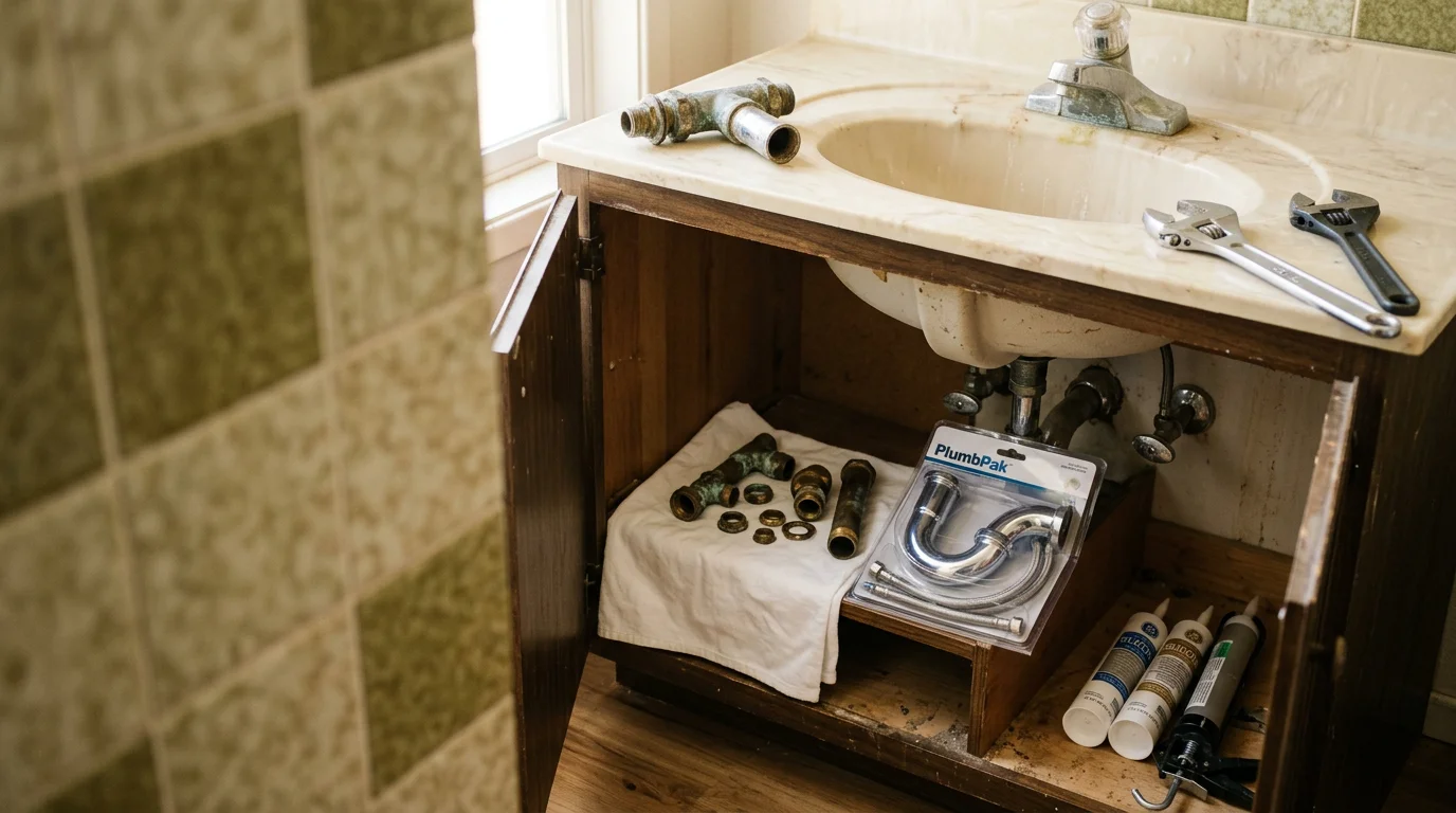 A freshly replaced bathroom faucet and sink fixture installed in a residential home in Arnold, California. The updated hardware sits against a clean vanity surface in a Calaveras County foothill home.