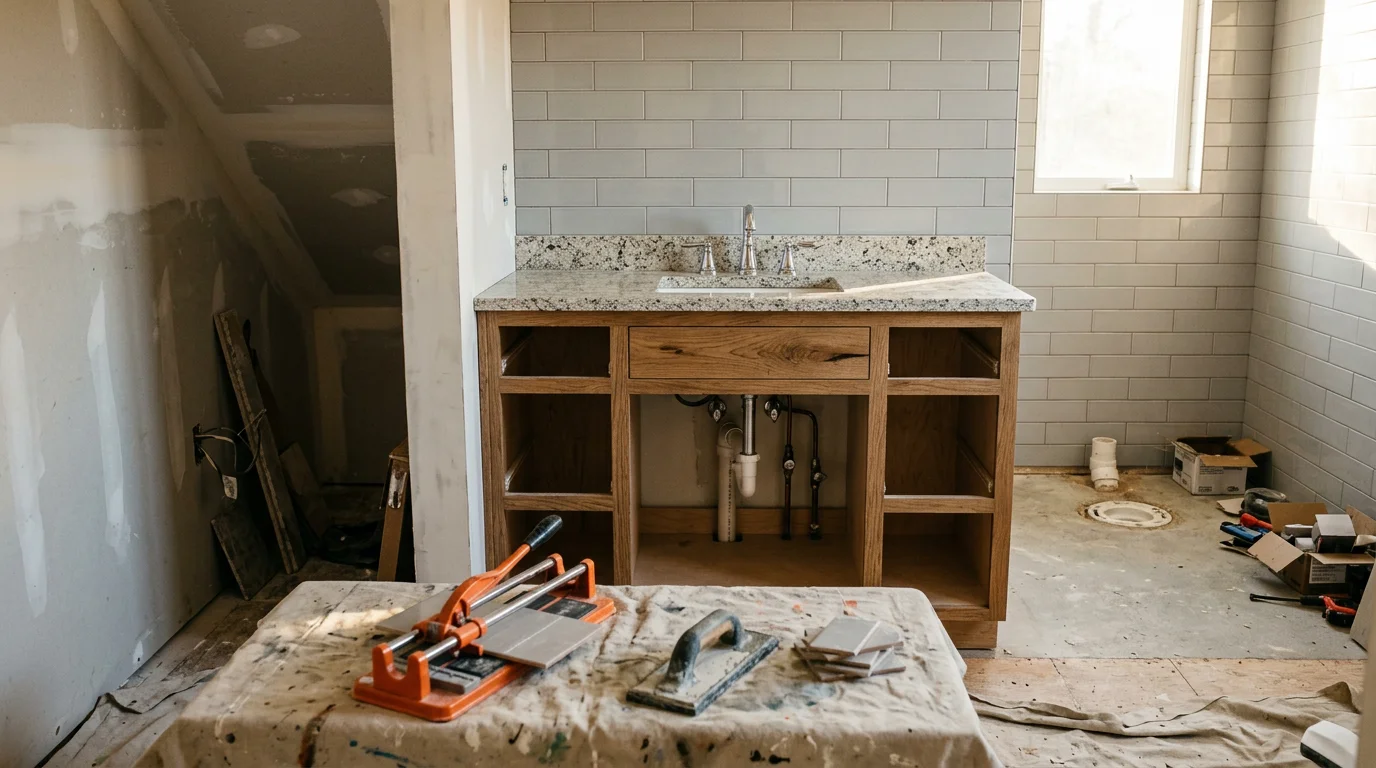 A remodeled bathroom interior in an Arnold, California foothill home showing updated tile flooring, new cabinetry, and a clean modern layout. The finished space reflects a full bathroom remodel completed by Gilbeau Construction in Calaveras County.