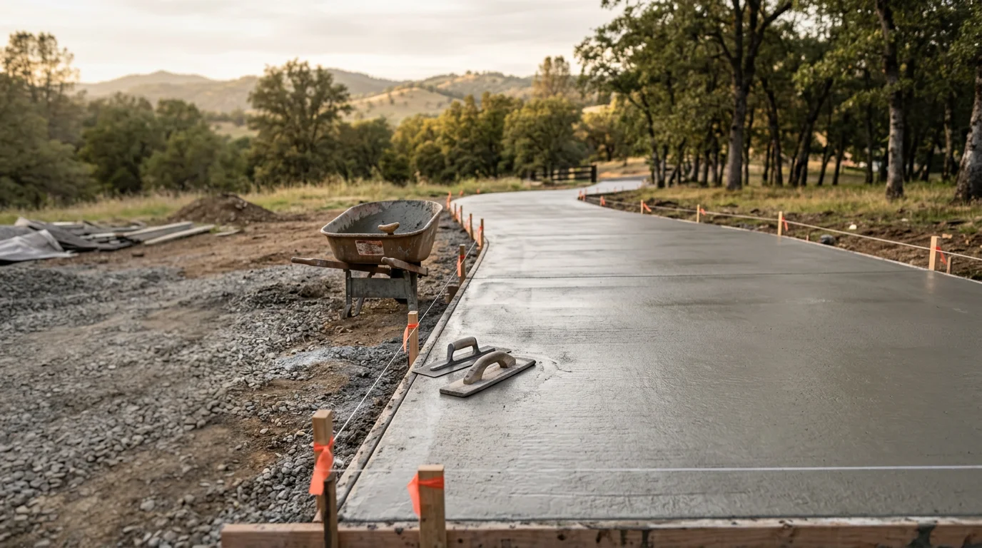 A freshly poured concrete driveway at a residential property in Arnold, California, with a smooth surface extending toward a home surrounded by pine trees. The slab shows clean formed edges and proper slope away from the structure.