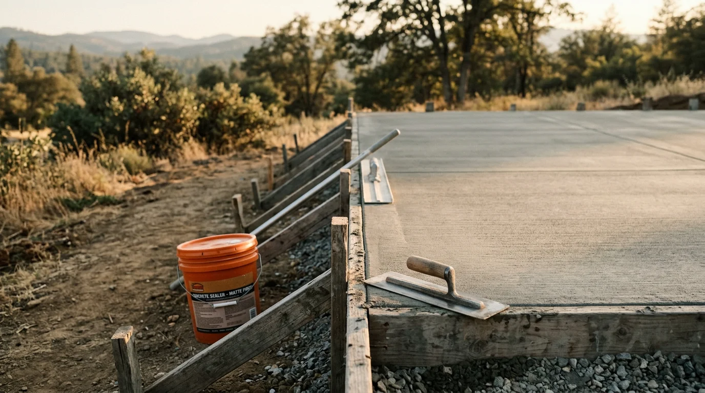 A freshly finished concrete slab with a smooth, even surface outside a home in Arnold, California. The surface shows clean edges and consistent texture suited to the mountain foothills climate.