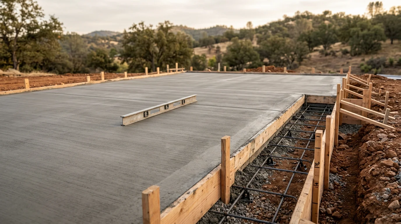 Freshly poured concrete foundation with visible rebar reinforcement on a sloped residential lot in the Calaveras County foothills near Arnold, California. The formed perimeter footings follow the natural grade of the terrain, with surrounding pine trees and rocky hillside visible in the background.