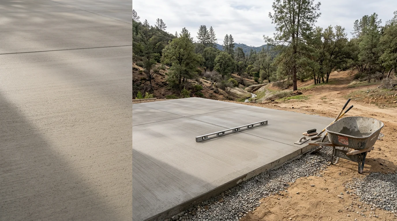 A freshly poured and finished concrete patio behind a foothill home in Arnold, California, with a broom-textured surface and clean formed edges. The surrounding landscape shows the mixed terrain typical of the Sierra Nevada foothills in Calaveras County.