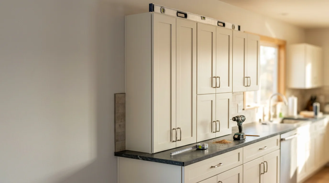 Newly installed custom wood cabinets fitted along the kitchen wall of a mountain cabin-style home in Arnold, California. Cabinet doors are aligned and hardware is in place, with the installation integrated into the surrounding trim and countertop.