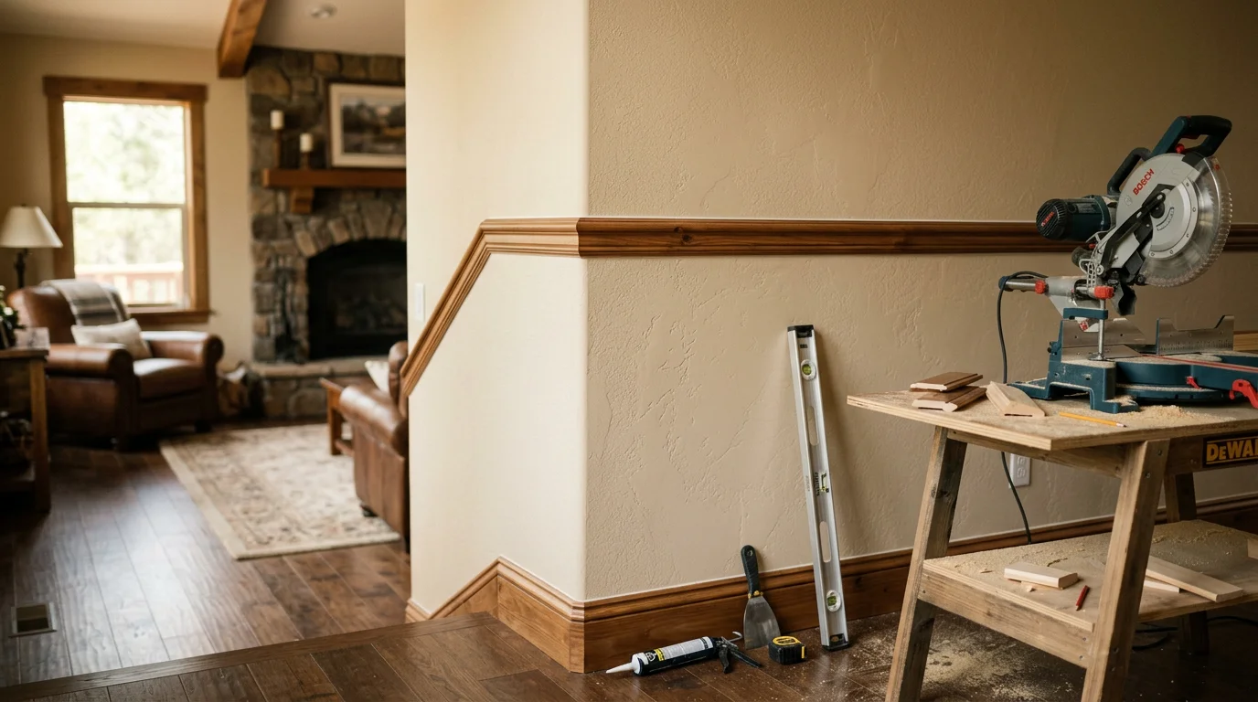 Interior finish carpentry in an Arnold, California mountain home showing tight-fitted crown molding and door casing with clean miter joints. Wood trim details complement the rustic foothills style of the room.