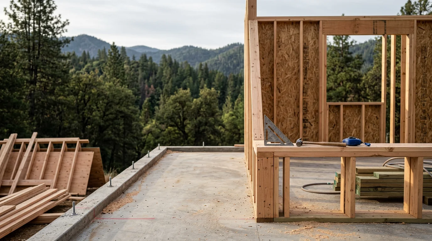 Wood wall framing in progress on a residential addition in Arnold, California, showing plumb studs, a properly sized header, and sheathing ready for exterior finish in a foothill setting.