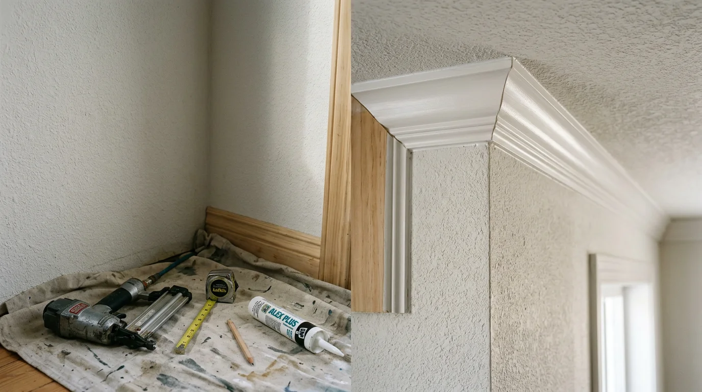 Freshly installed white baseboard and door casing trim in a wood-interior home in Arnold, California. Clean corner joints and smooth paint-ready surfaces show the finished carpentry work.
