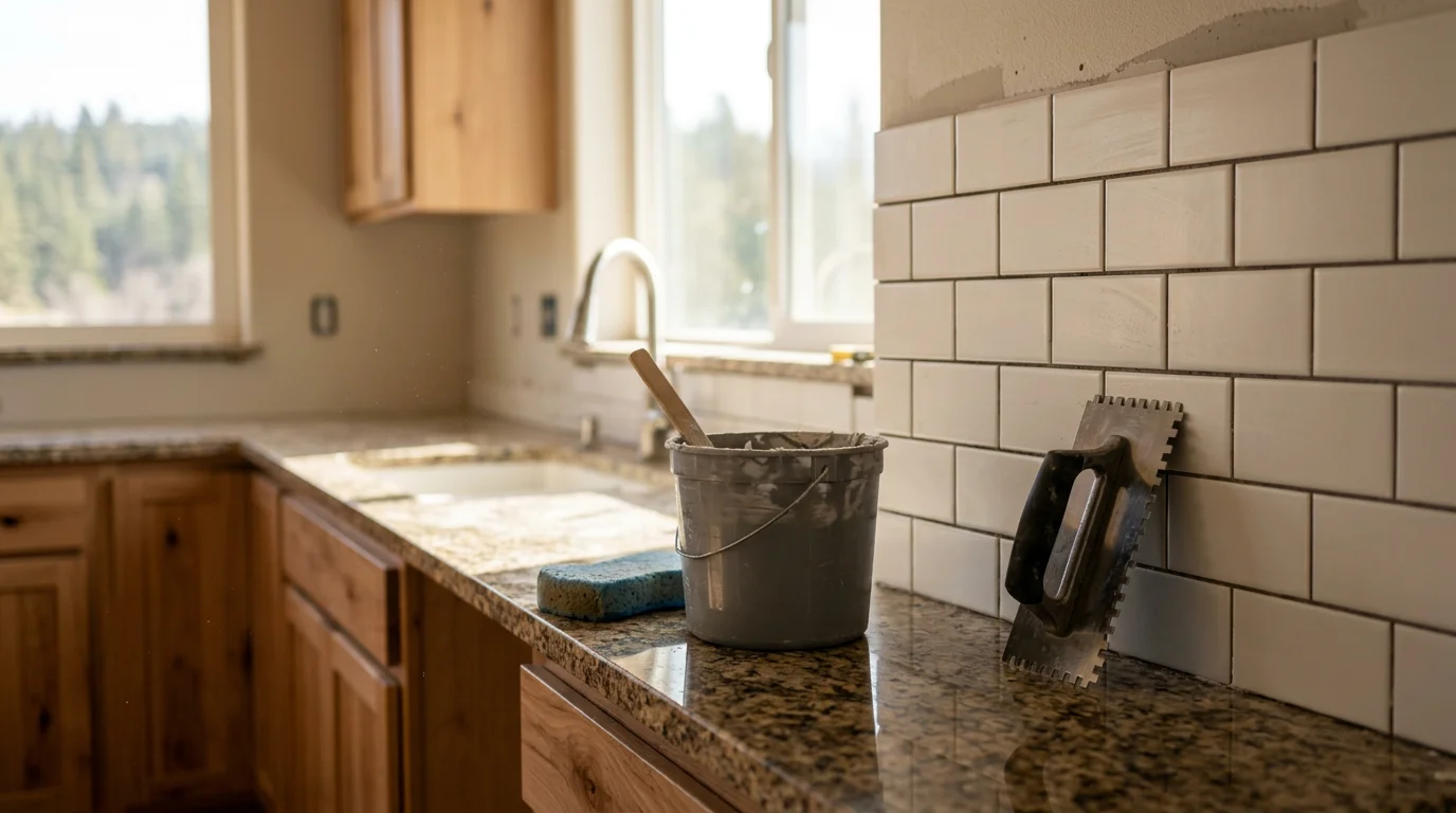 Freshly installed kitchen backsplash with clean tile lines above a countertop in a Calaveras County home. The installation covers the full wall section between the counter surface and upper cabinets in an Arnold-area kitchen.