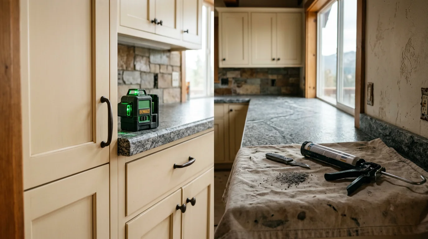 Newly installed kitchen countertop in a Calaveras County home, showing a clean surface fit tightly against the wall with a level run across the cabinet base. The kitchen reflects the practical, wood-accented style common in Arnold and the surrounding foothill communities.