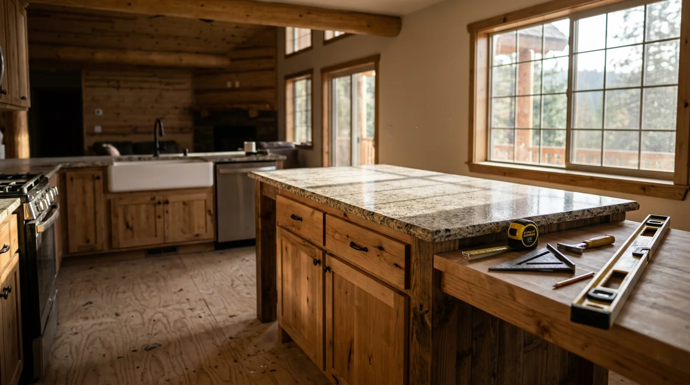 A newly installed kitchen island centered in an open-plan kitchen inside a Sierra foothills home in Arnold, California. The island features a clean countertop surface and base storage, with pine-tree views visible through the kitchen window.
