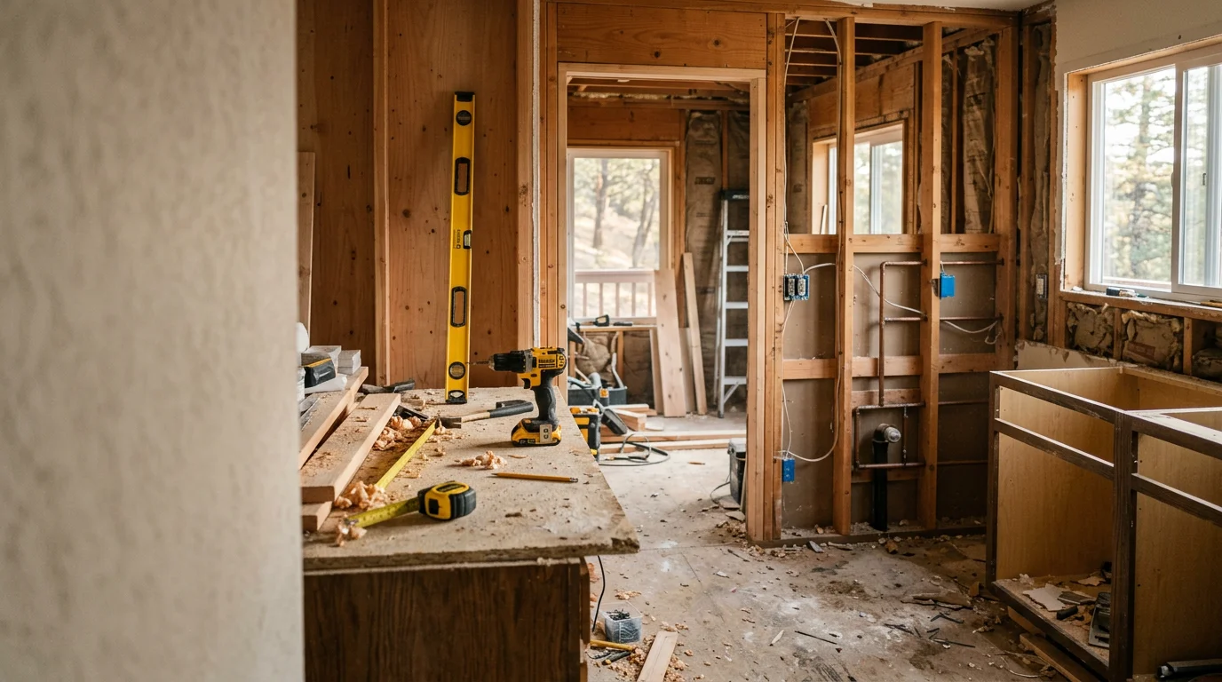 Remodeled kitchen interior in a single-family foothill home in Arnold, California, featuring updated cabinetry layout, new flooring, and fresh finish work. The space reflects a full kitchen remodel completed by Gilbeau Construction serving Calaveras County.