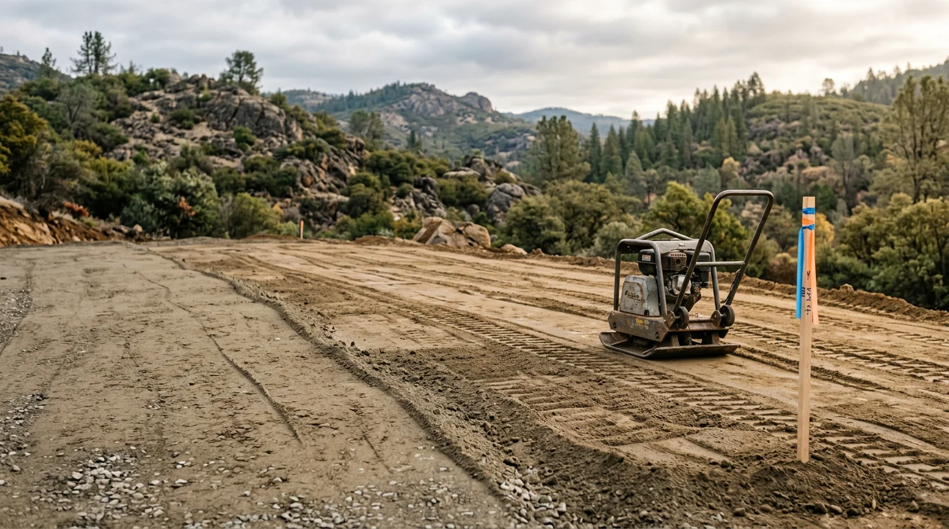 A graded and compacted dirt surface ready for concrete work on a residential lot in Arnold, California, with surrounding pine trees and sloped terrain visible in the background. The cleared area shows a level subbase prepared by Gilbeau Construction ahead of a concrete pour.