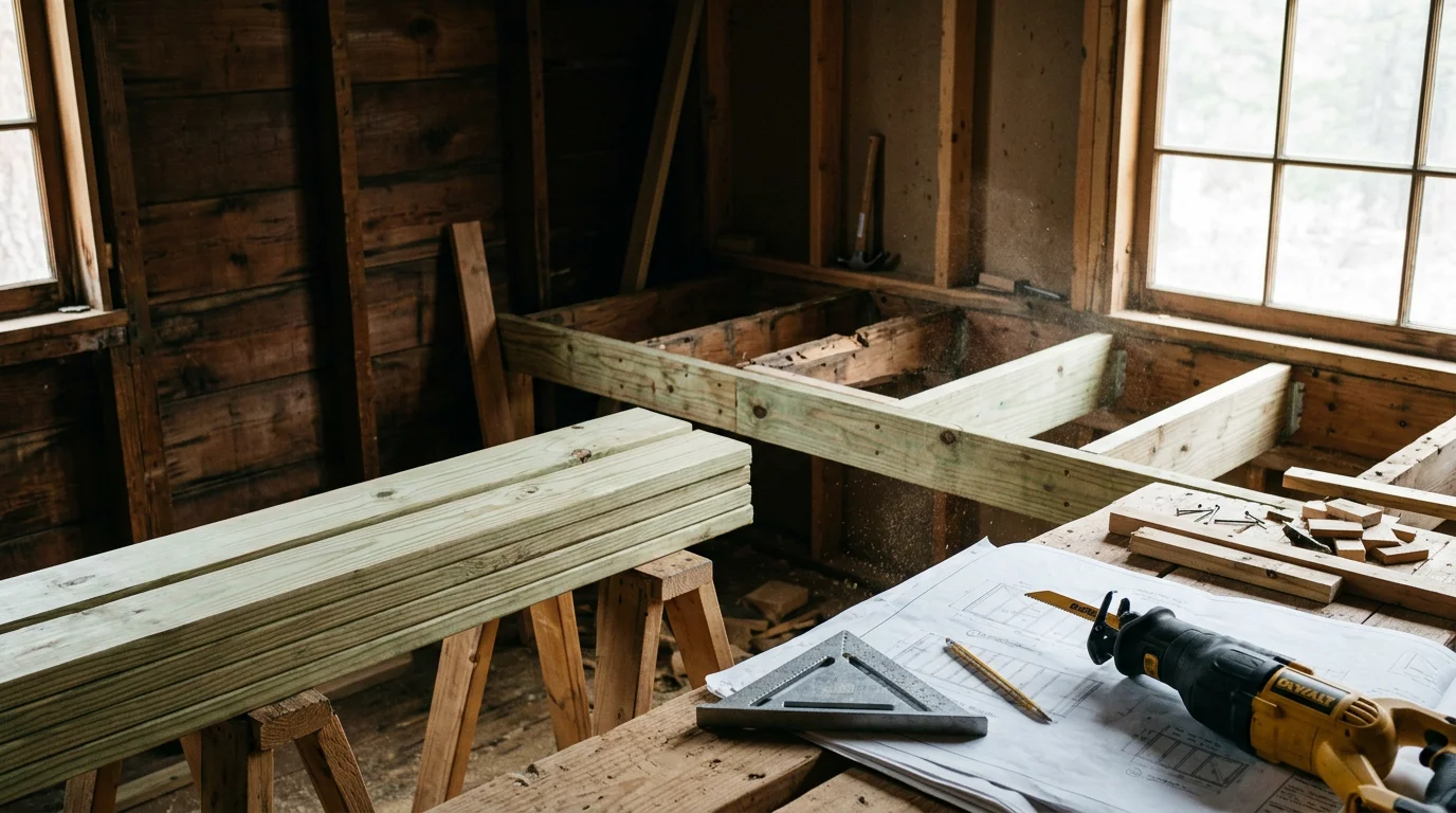 A carpenter replacing a rotted floor joist in the crawl space of an older foothill home in Arnold, California. New wood framing members are visible alongside the damaged beam being removed.