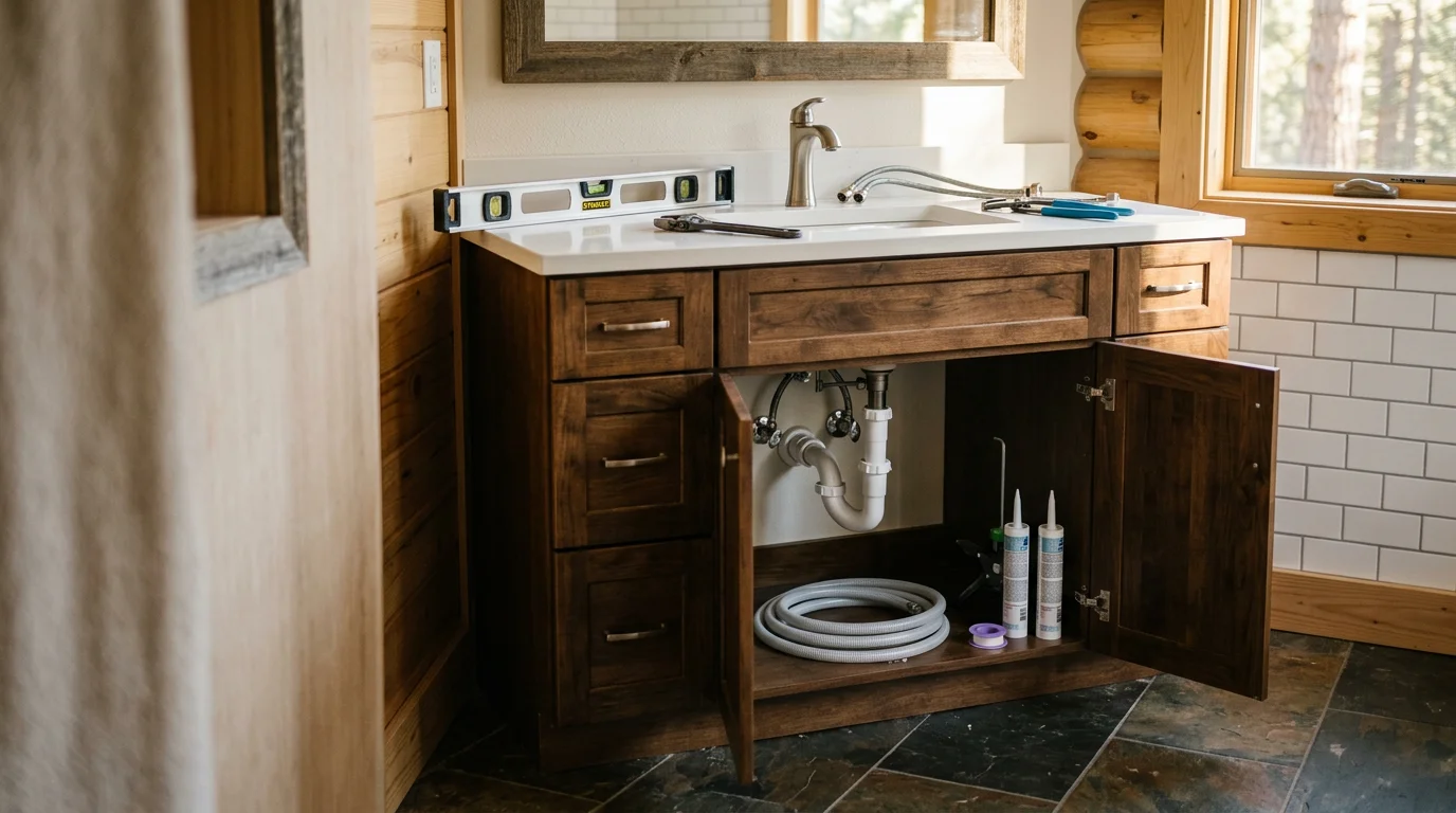 A newly installed bathroom vanity with a sink and cabinet in a Calaveras County home near Arnold, California. The vanity is level and flush against the wall with plumbing connections set beneath the cabinet.